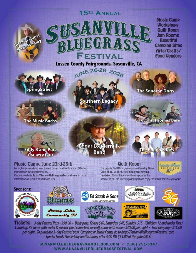 Poster for the 15th Annual Susanville Bluegrass Festival, June 26-28, 2026, featuring band photos, event details, sponsors, and contact info—celebrating years of bluegrass tradition in Susanville.