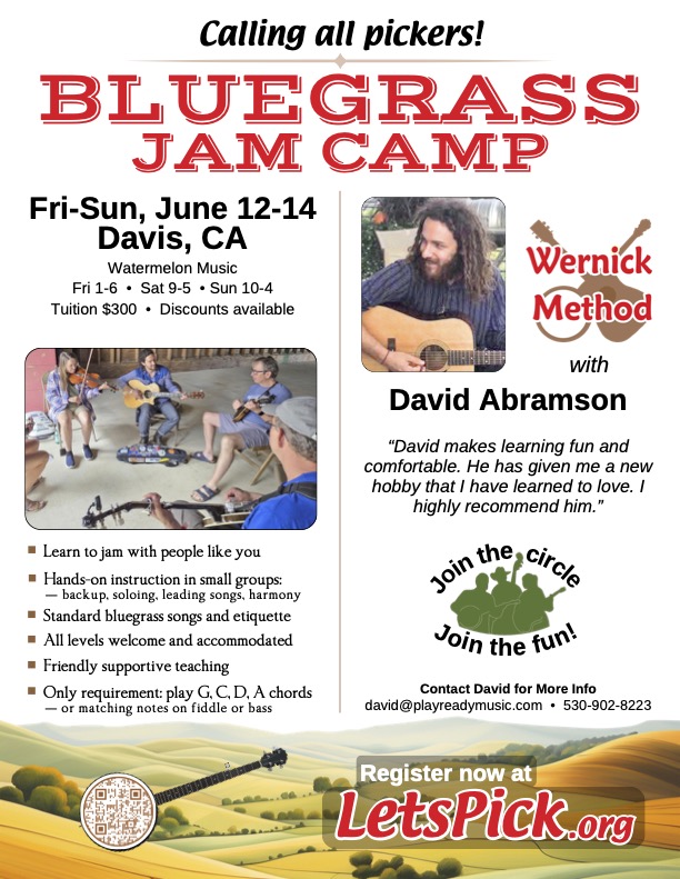 Flyer for Bluegrass Jam Camp in Davis, CA, June 12-14, with instructor David Abramson; includes details on schedule, tuition, skills taught, and registration information.