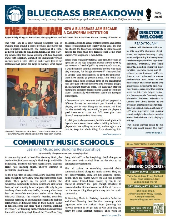 Front page of a bluegrass magazine featuring articles, event listings, a photo of musicians, and an advertisement for a music camp.