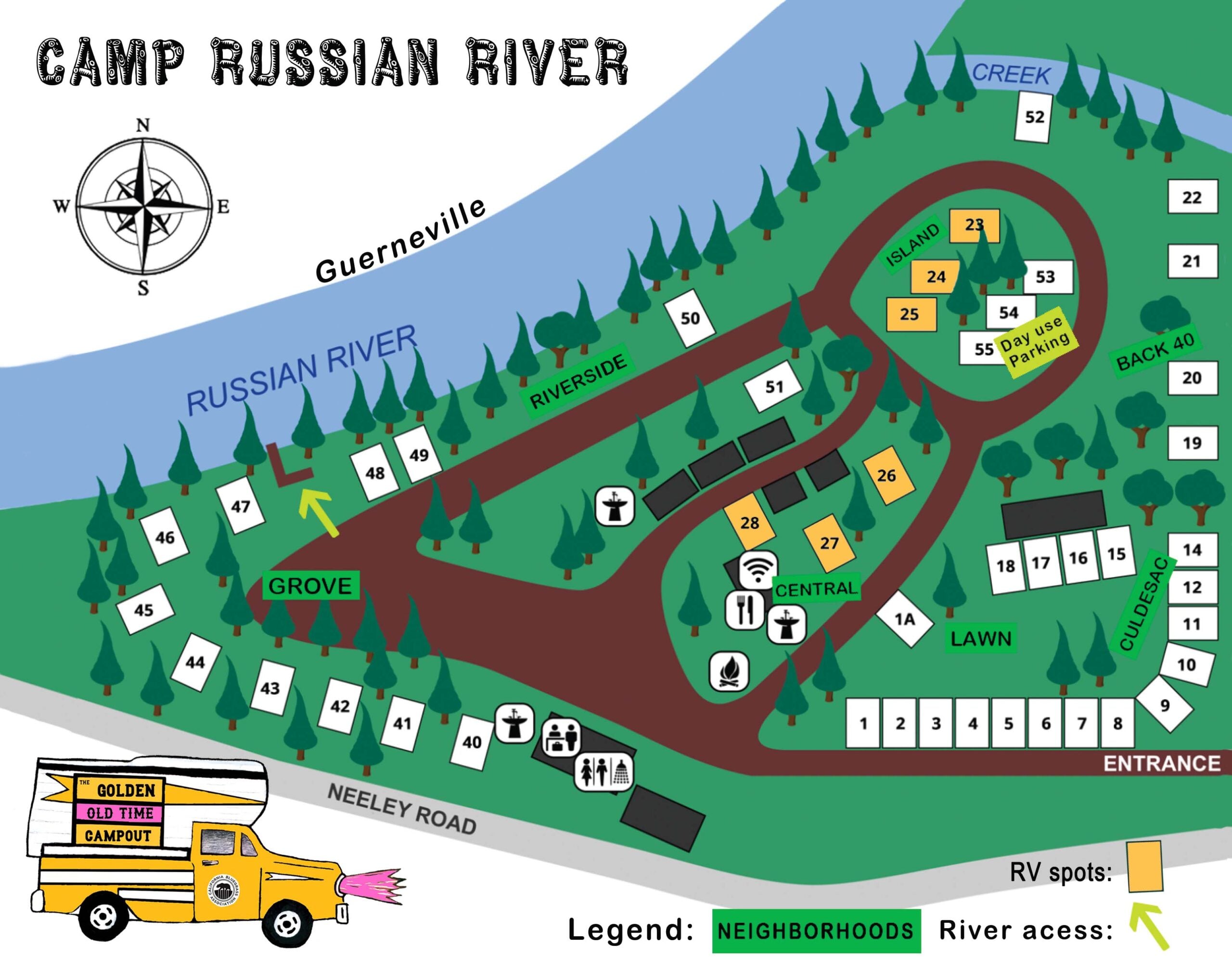 Illustrated map of Camp Russian River showing campsites, roads, river access, RV spots, neighborhoods, main entrance, and labeled landmarks such as Grove, Lawn, Island, and Riverside.
