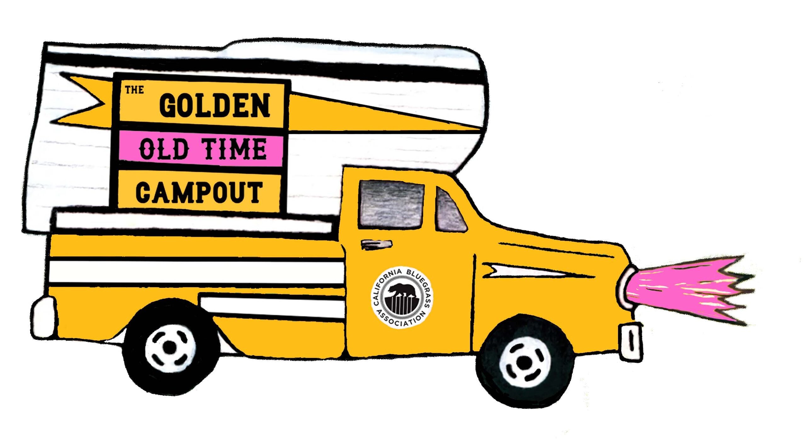 Illustration of a yellow camper truck with "The Golden Old Time Campout" written on the camper and a pink light beam coming from the headlight.