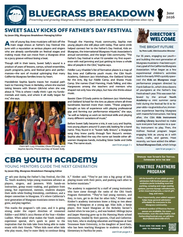 2026-06 Bluegrass Breakdown Front page of the June 2026 Bluegrass Breakdown newsletter featuring articles on Sweet Sally at Father’s Day Festival, CBA Youth Academy, and announcements, with photos of performers and youth.