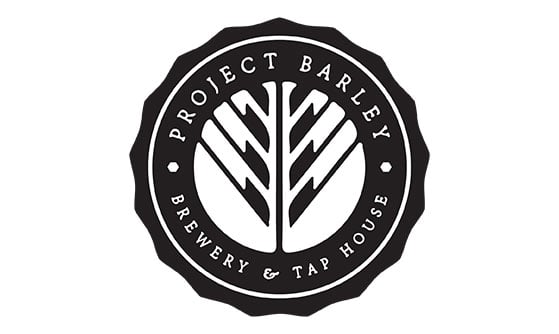 Black and white logo for Project Barley Brewery & Tap House featuring a stylized barley design inside a circular badge with text around the edge.