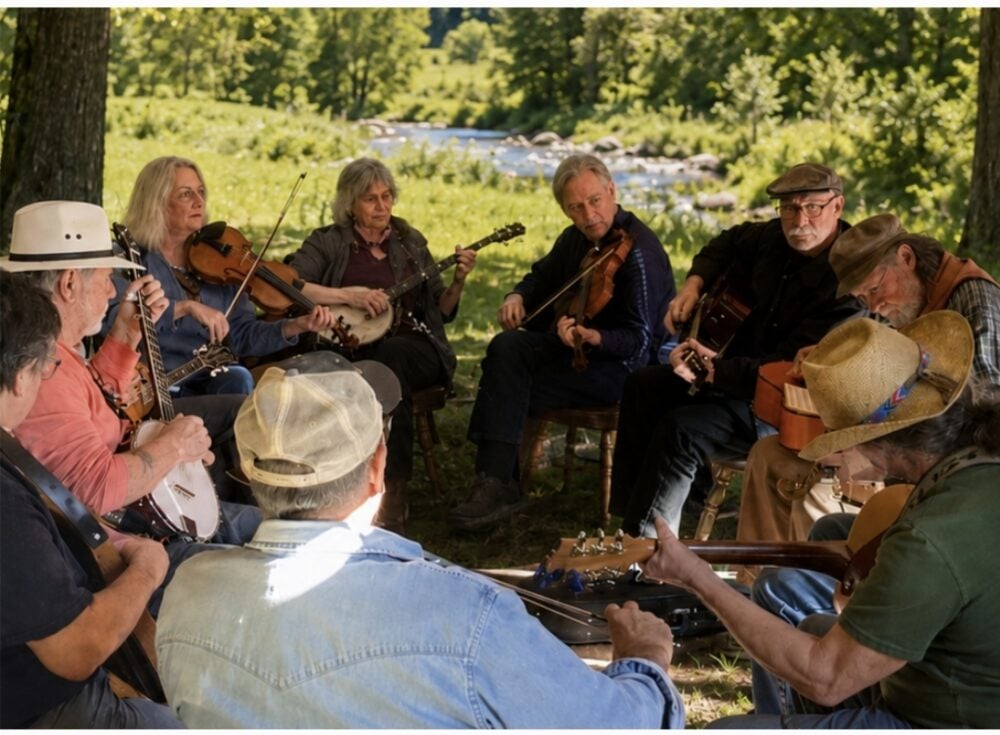 A group of people sit in a circle outdoors, playing string instruments including guitars, fiddles, and banjos, with trees and a river in the background.