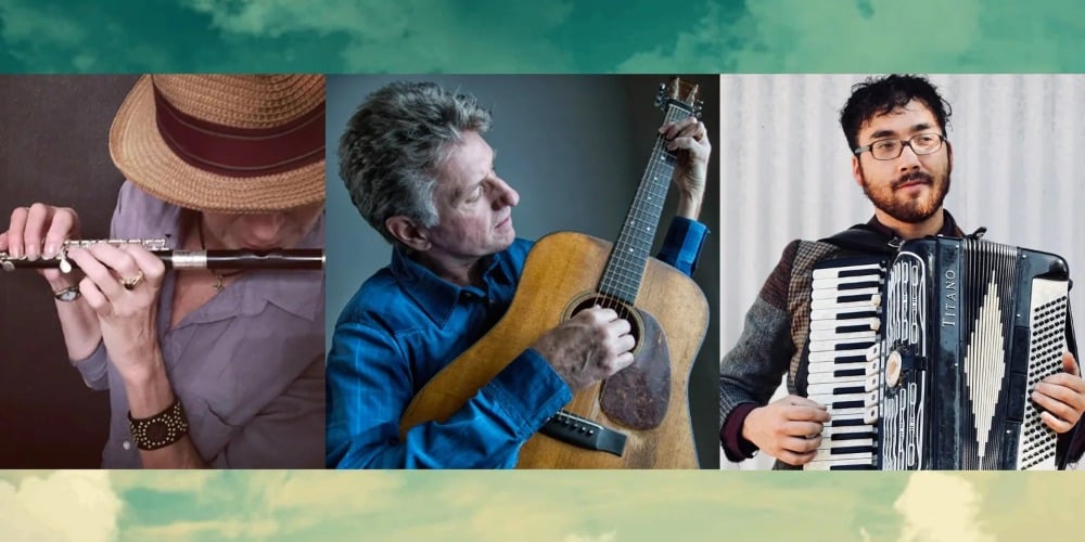 Three people play musical instruments: one plays a flute, another plays an acoustic guitar, and the third plays an accordion.