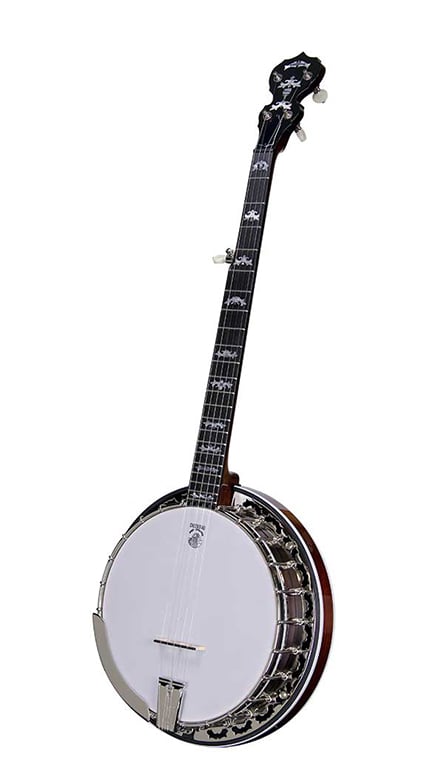 A five-string banjo with a white drumhead, dark wood neck, and metal hardware, shown standing upright against a white background.