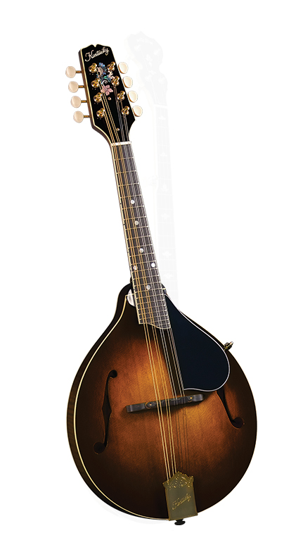 A brown sunburst mandolin with a black pickguard, gold tuning pegs, floral inlay on the headstock, and f-shaped sound holes on the body.