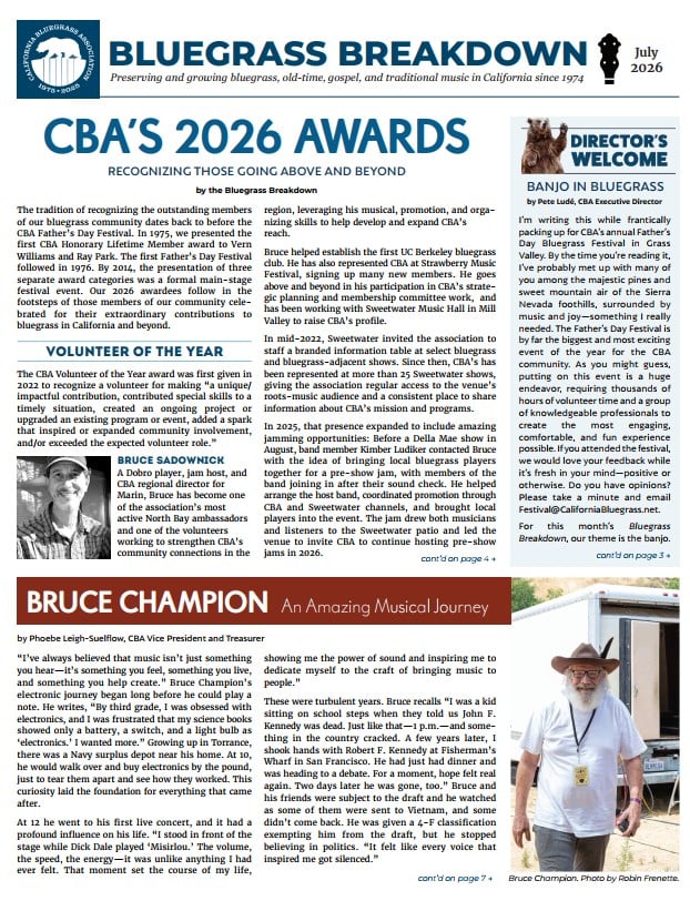 2026-07 Bluegrass Breakdown Front page of a July 2026 newsletter titled "Bluegrass Breakdown," featuring articles on CBA’s 2026 awards, volunteer of the year, and musician Bruce Champman, alongside photos and event highlights.
