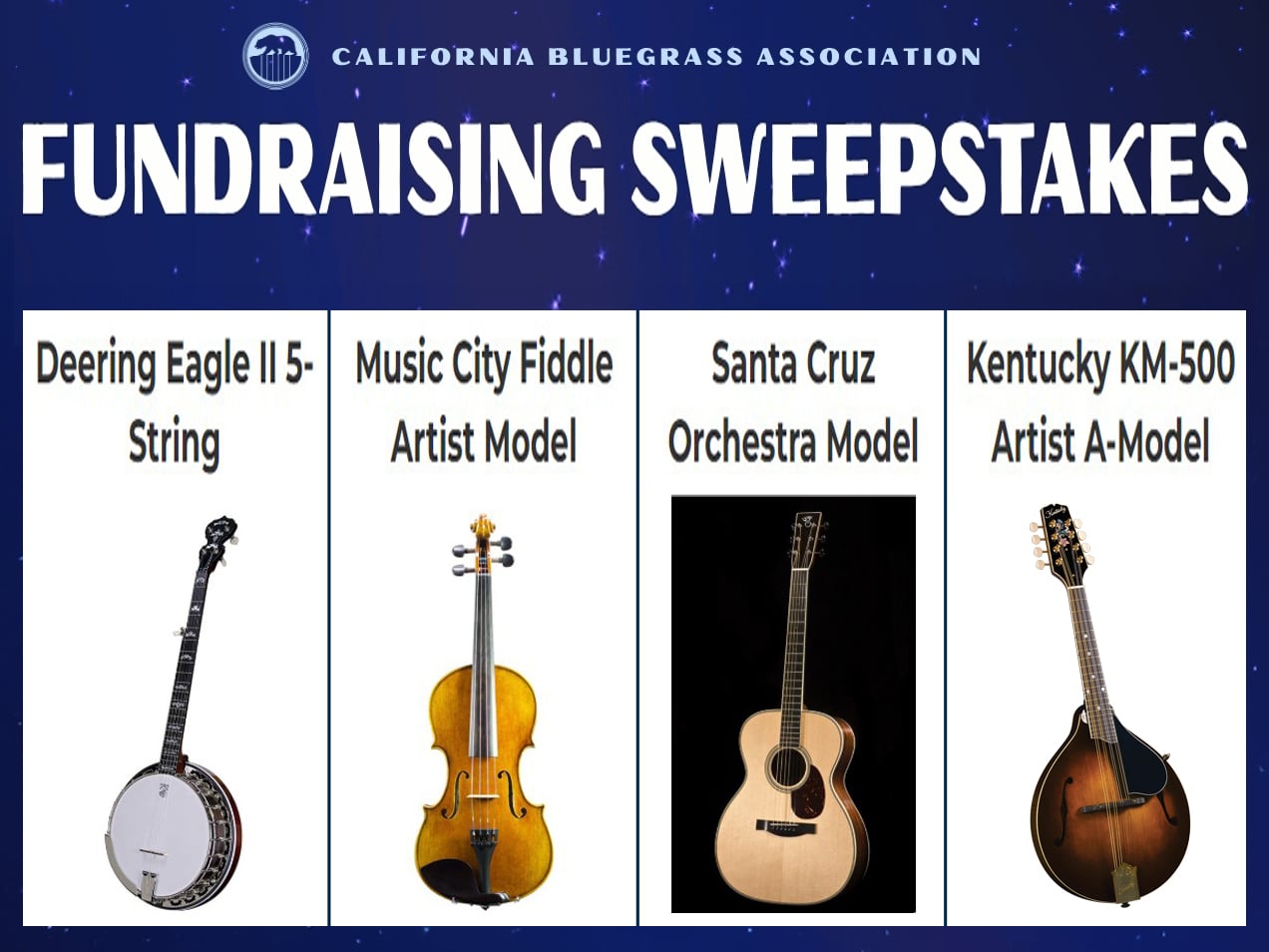 Four string instruments—banjo, fiddle, acoustic guitar, and mandolin—are displayed as prizes for the California Bluegrass Association fundraising sweepstakes.