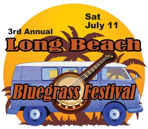 Logo for the Long Beach Bluegrass Festival’s 3rd annual event, featuring a blue van, banjo, palm trees, and the date Saturday, July 11.