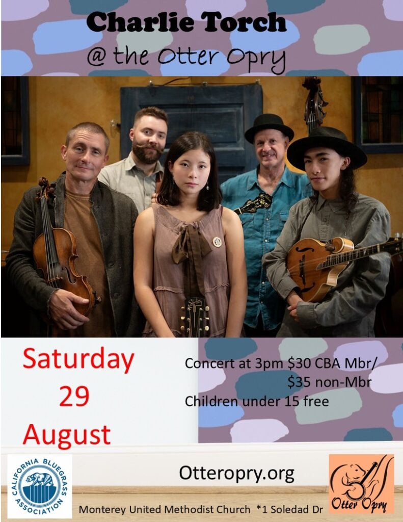 Five musicians with instruments pose indoors for a concert poster for Charlie Torch at the Otter Opry on Saturday, August 29, with ticket prices and location details listed.
