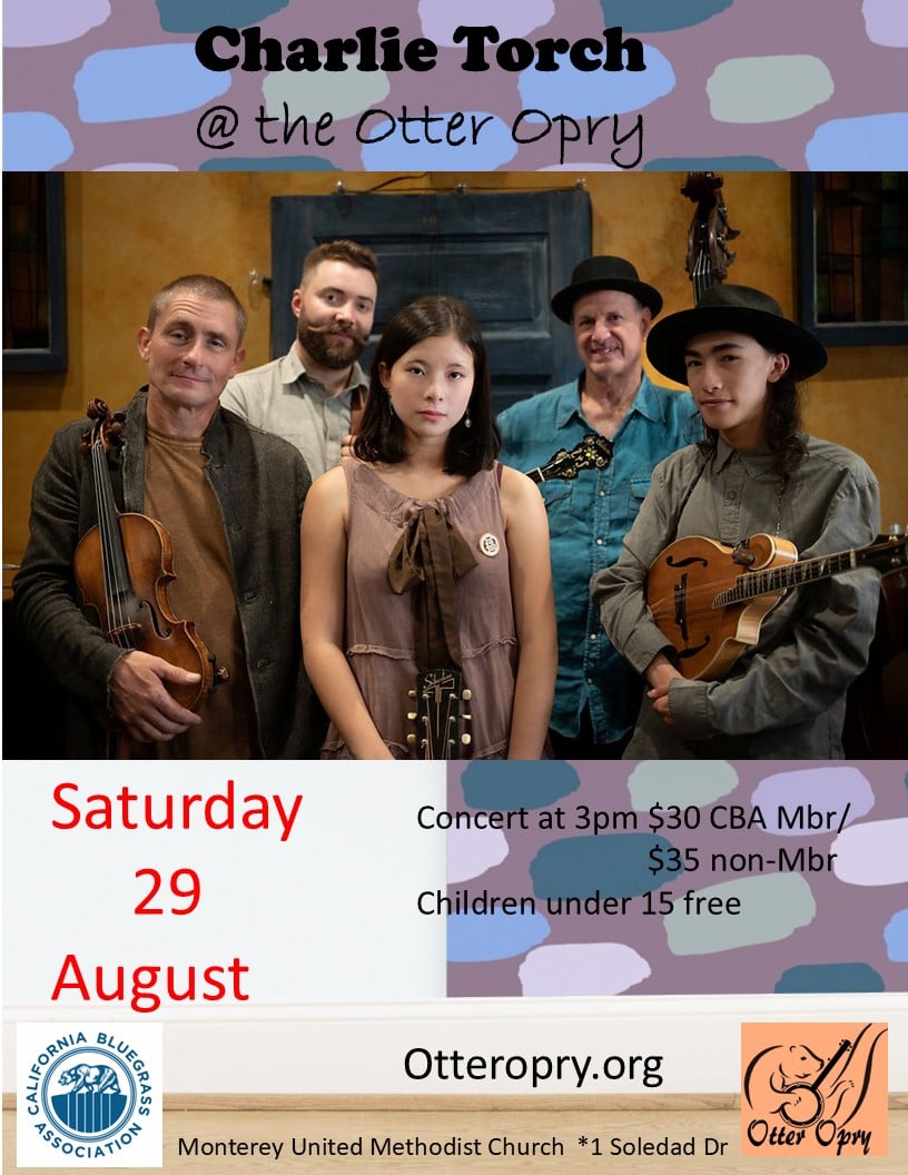 Five musicians with instruments pose indoors for a concert poster for Charlie Torch at the Otter Opry on Saturday, August 29, with ticket prices and location details listed.