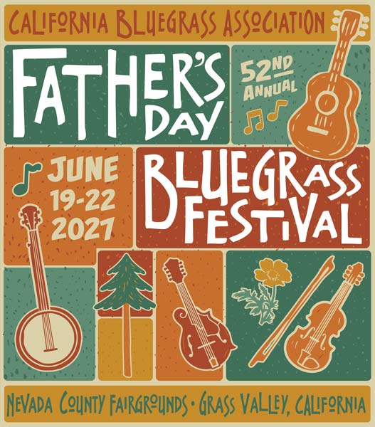Poster for the 52nd annual Father’s Day Bluegrass Festival, June 19-22, 2027, at Nevada County Fairgrounds, Grass Valley, CA, with musical instrument illustrations.