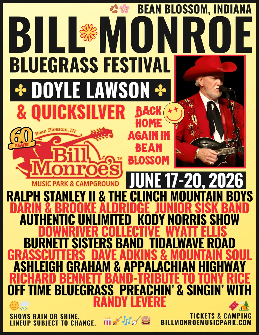 Poster for the Bill Monroe Bluegrass Festival 2026 in Bean Blossom, Indiana, listing performers, dates June 17-20, and event details, with a photo of a man in a red suit playing guitar.