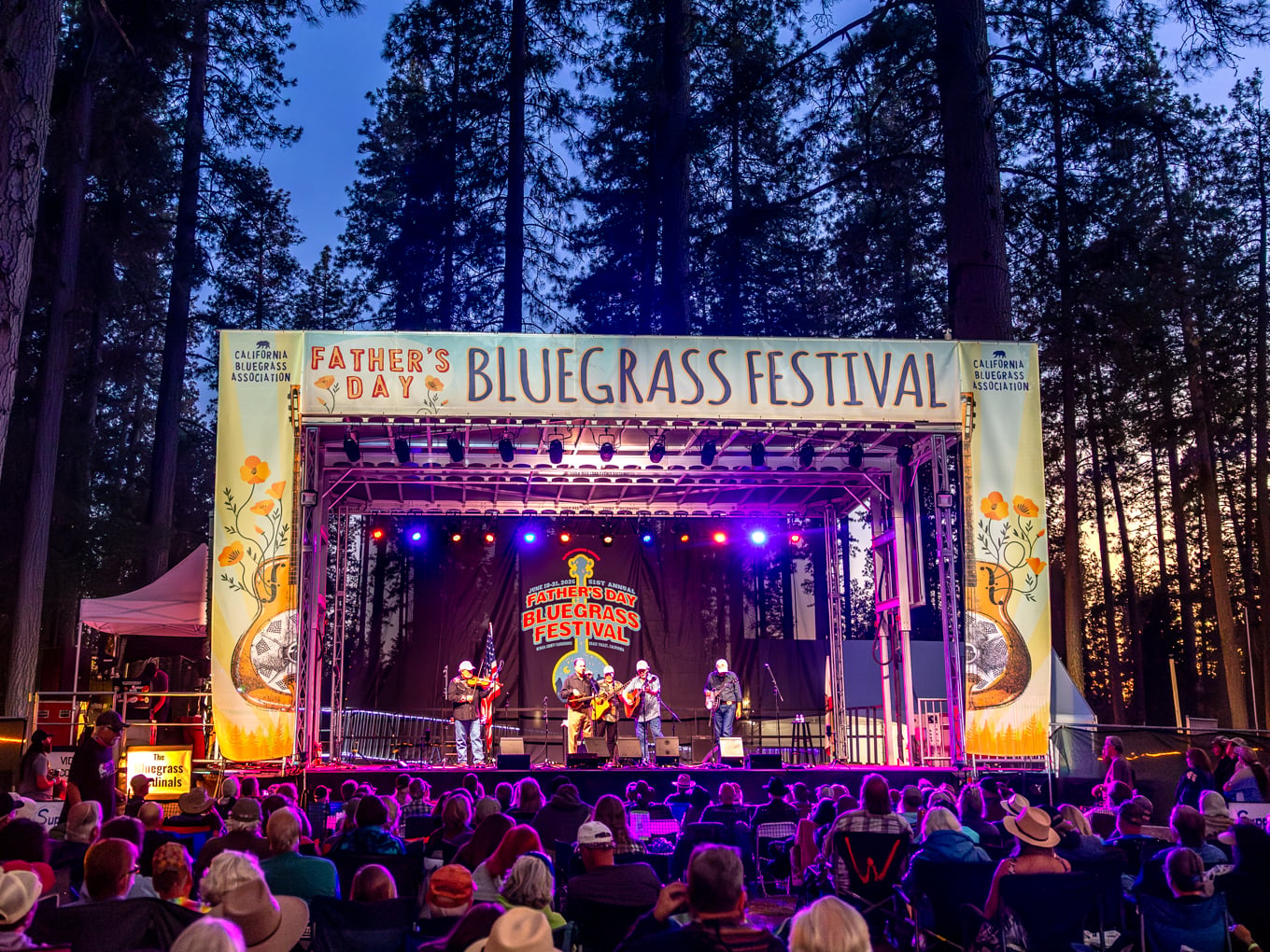 A crowd watches a band perform on an outdoor stage at the Father’s Day Bluegrass Festival, surrounded by tall trees at dusk.