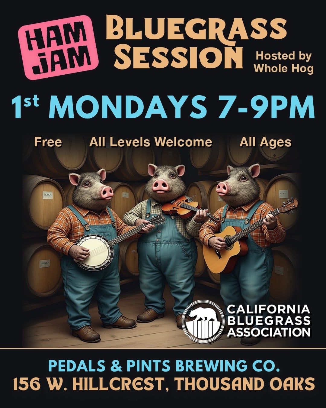 Three anthropomorphic pigs play bluegrass instruments in a brewery. Text details a bluegrass jam session held Mondays from 7-9PM at Pedals & Pints Brewing Co. in Thousand Oaks.