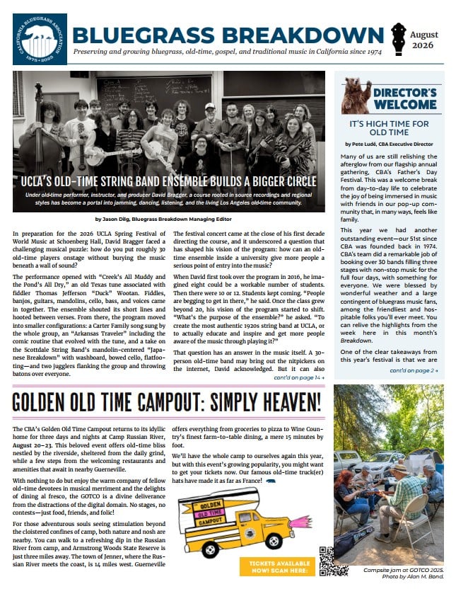 2026-08-Bluegrass-Breakdown Front page of a music newsletter with articles about UCLA’s Old-Time String Band, a Golden Old Time Campout, and a director’s welcome; includes photos of people and instruments.