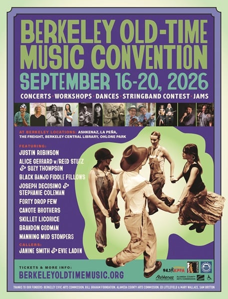 Poster for the Berkeley Old-Time Music Convention, September 16-20, 2026, listing performers and event details with photos of musicians and dancers.