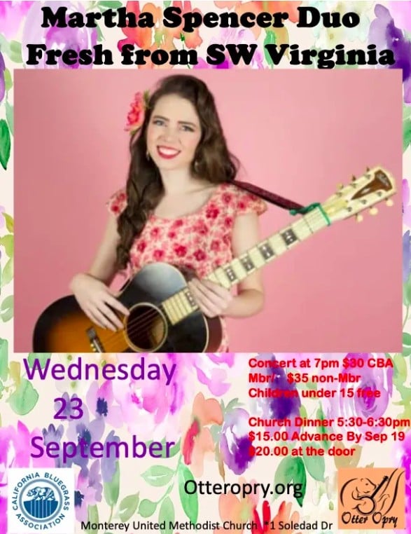 A woman in a red floral dress holds an acoustic guitar. Event details for the Martha Spencer Duo concert are displayed around her, including date, location, and ticket prices.