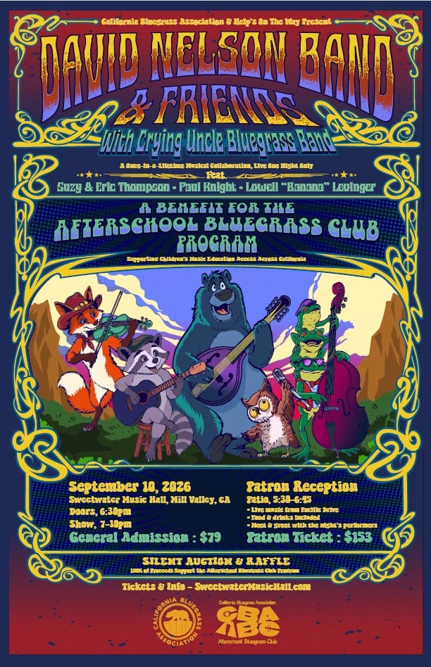 Concert poster for David Nelson Band & Friends, featuring illustrated animals playing instruments. Event on September 10, 2026, benefiting Afterschool Bluegrass Club Program, with ticket info provided.