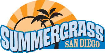 Summergrass San Diego logo with stylized blue text, a yellow sunburst background, and two black palm trees in front of the sun.