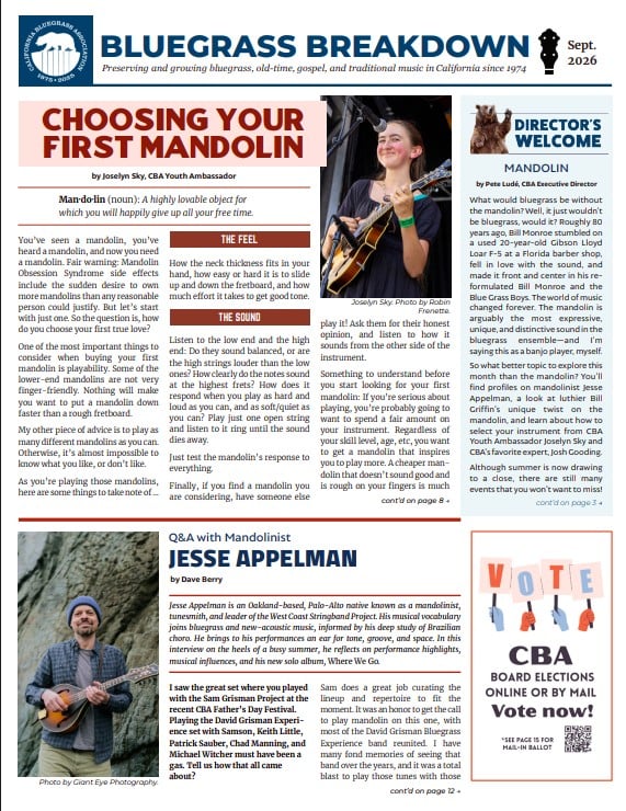 2026-09-Bluegrass-Breakdown Front page of a bluegrass newsletter featuring articles on choosing a mandolin, a Q&A with Jesse Appelman, a director’s message, and a voting reminder, with photos of musicians playing mandolins.