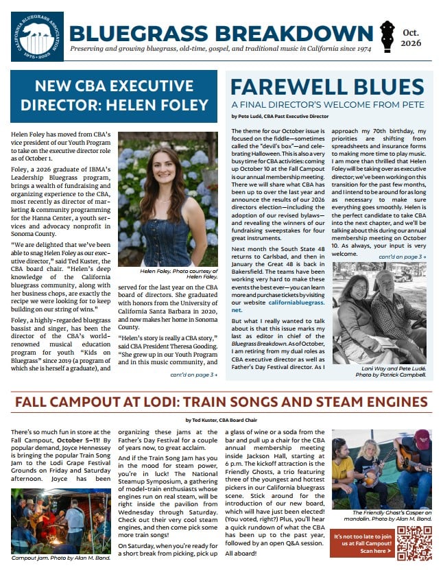 2026-10 Bluegrass Breakdown Front page of a bluegrass newsletter featuring articles, small color photos of people, and an event photo, with a blue masthead titled “BLUEGRASS BREAKDOWN” and dated October 2026.