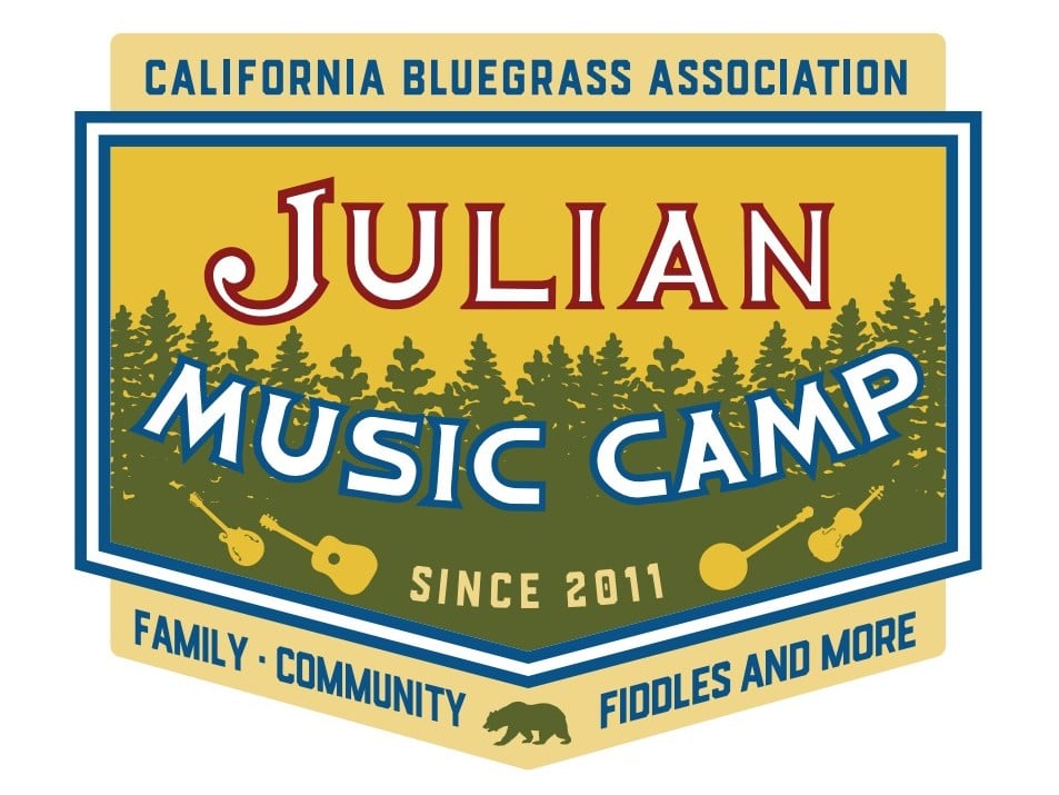 Logo for Julian Music Camp by California Bluegrass Association, featuring trees, instruments, and the text: “Family, Community, Fiddles and More. Since 2011.”.