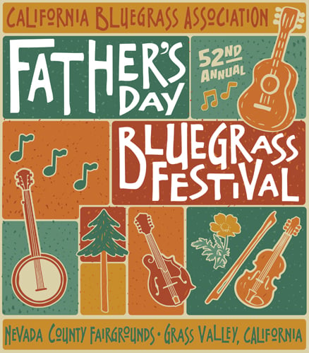 Father’s Day Bluegrass Festival poster with musical instruments, notes, a tree, and event details: 52nd annual at Nevada County Fairgrounds, Grass Valley, California.