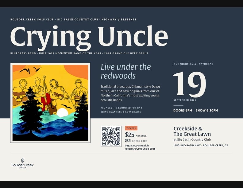 Concert flyer for “Crying Uncle” featuring band illustration, event details, ticket price, and location at Big Basin Country Club, Boulder Creek, CA, on September 19th at 6:30 PM.