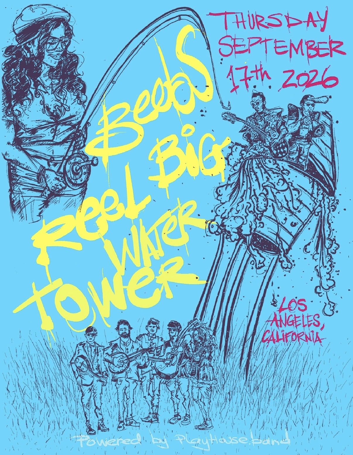 Hand-drawn concert poster for Beebs and Reel Big Water Tower, with event details: Thursday, September 17th, 2026, Los Angeles, California. Blue and yellow text on illustrated background.