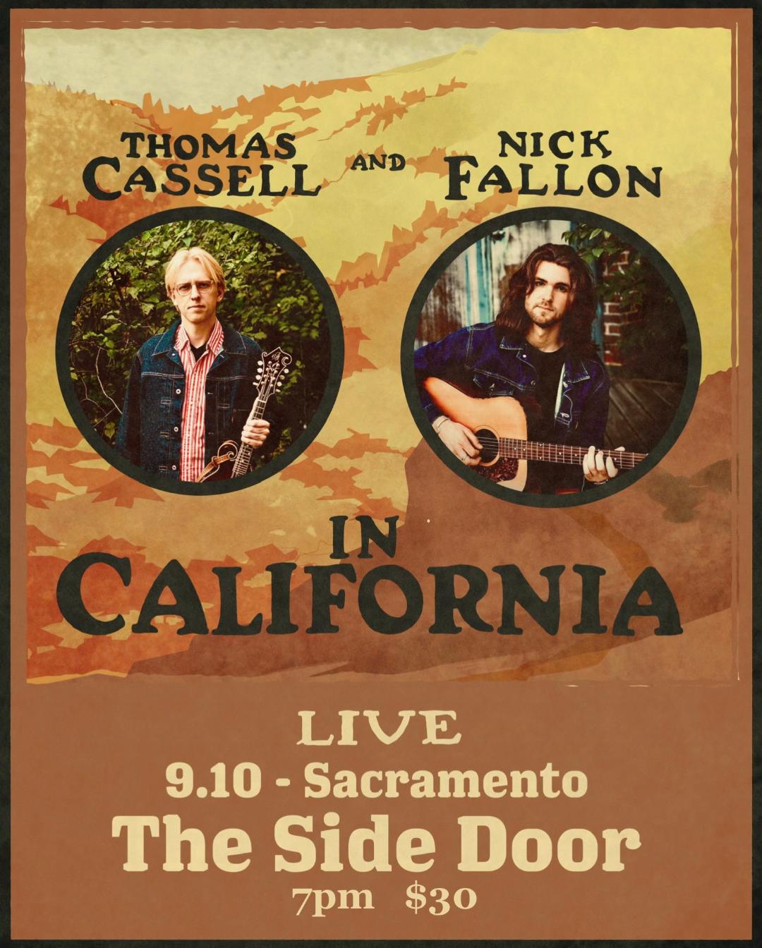 Concert poster for Thomas Cassell and Nick Fallon in California, live on September 10 in Sacramento at The Side Door, 7pm, tickets $30.