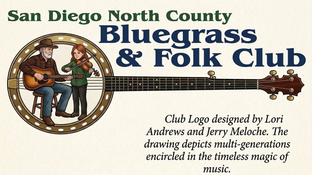 San Diego North County Bluegrass & Folk Club logo with an older man on guitar and a young girl on violin sitting inside a banjo head, symbolizing musical tradition across generations.