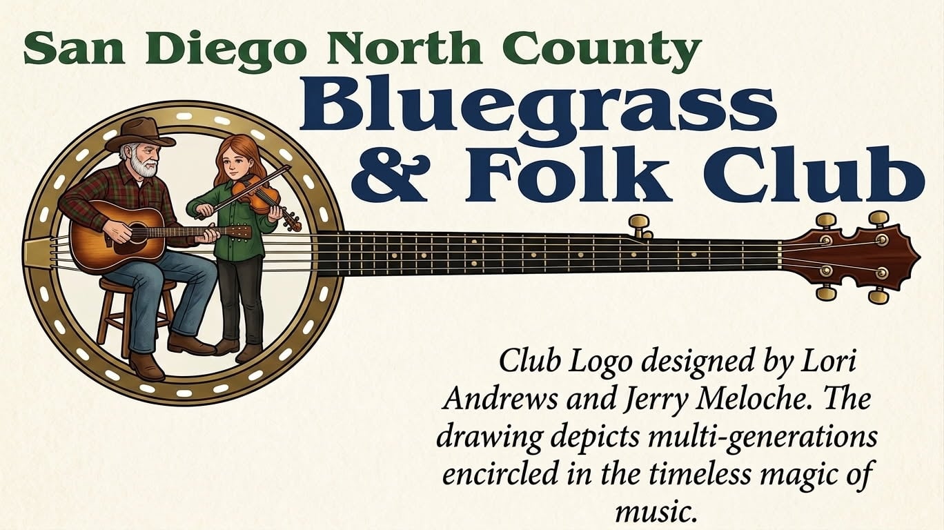 San Diego North County Bluegrass & Folk Club logo with an older man on guitar and a young girl on violin sitting inside a banjo head, symbolizing musical tradition across generations.