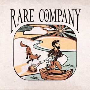 An illustration titled Rare Company showing a man in a small boat holding a goose, with a fox jumping on the nearby shore.