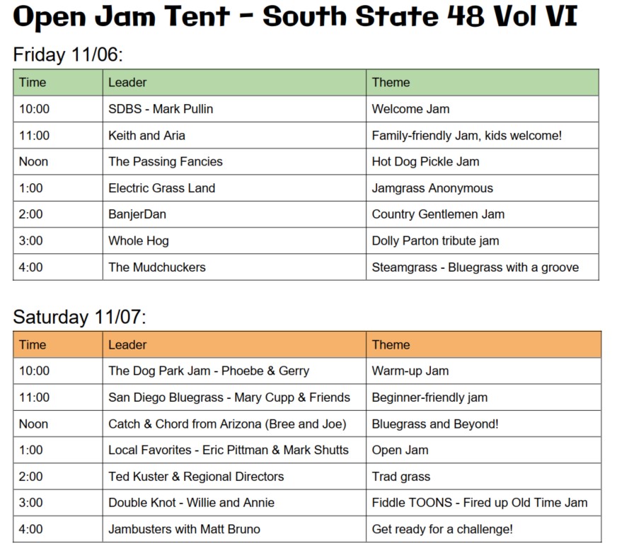 Event schedule for Open Jam Tent - South State 48 Vol VI, listing musical performers and themes for Friday 11/06 and Saturday 11/07.