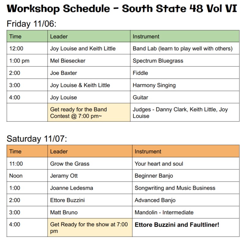 Workshop schedule for South State 48 Vol VI, listing workshop times, leaders, and instrument topics for Friday, November 6th and Saturday, November 7th.